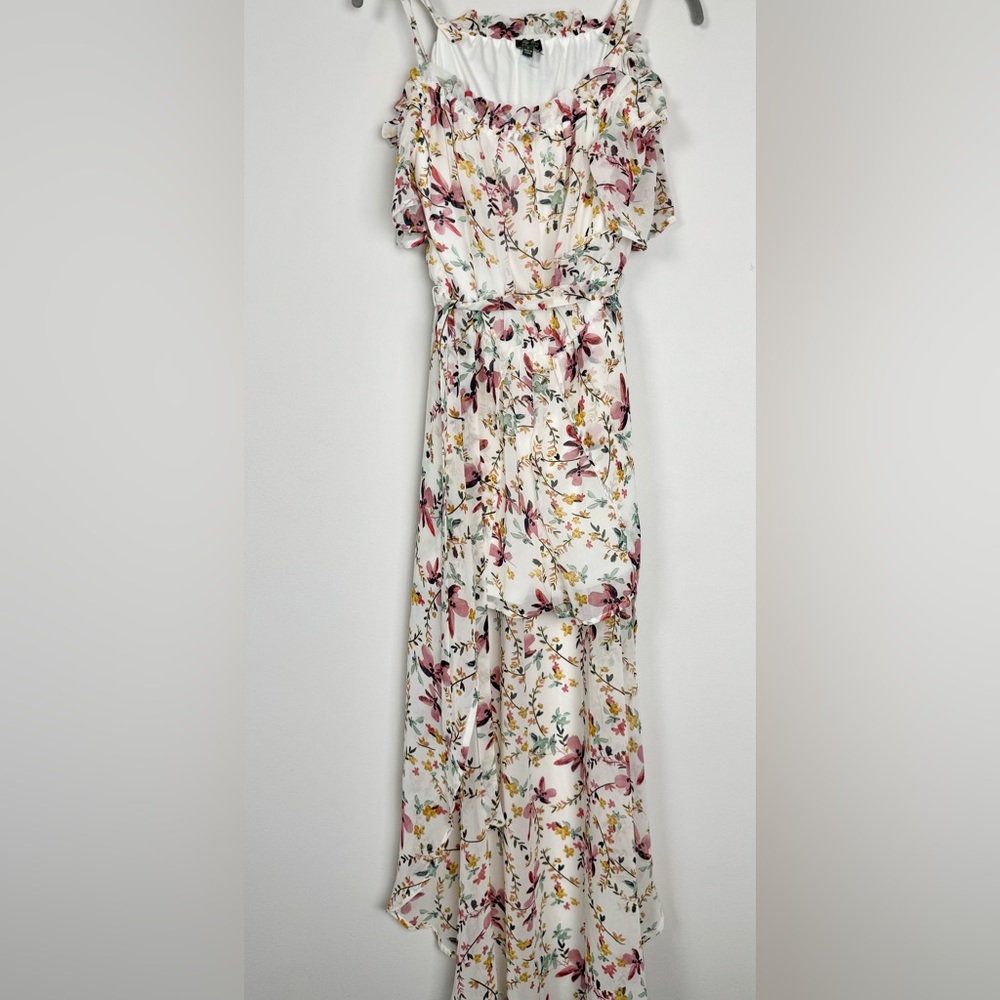 Lily Rose Floral Maxi Overlay Romper Cold Shoulder Belted Size S - Picture 2 of 6